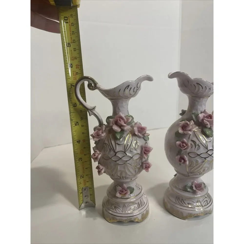 Vintage Lefton China Pink Roses Pitcher Vase Pair See Description